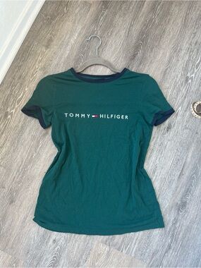 Tommy Hilfiger Forest Green Ringer Tee Shirt Logo XS Top Y2K Preppy